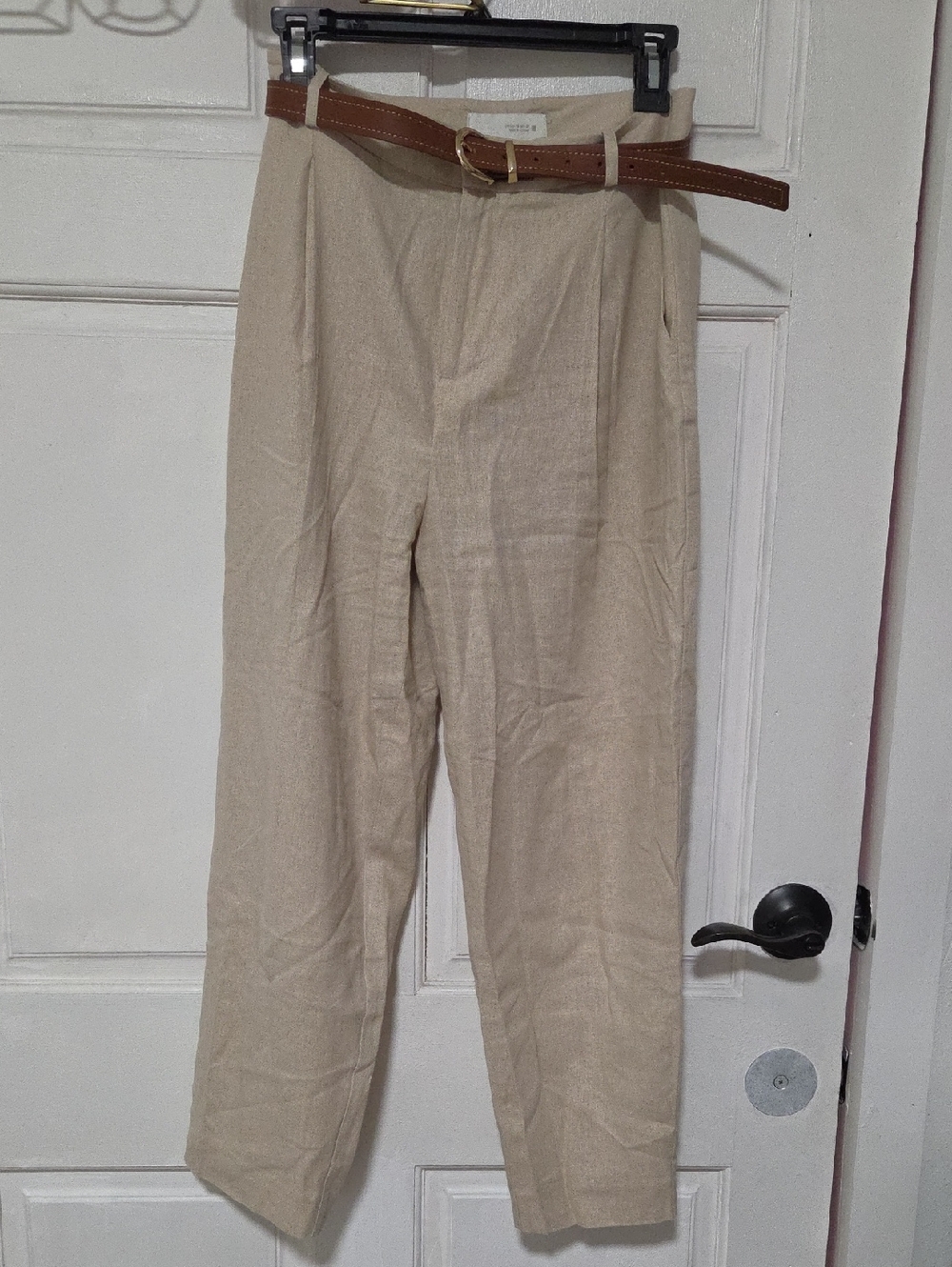Zara Beige Tapered Linen-Blend Chinos Faux Leather Golden Buckle Belt Included